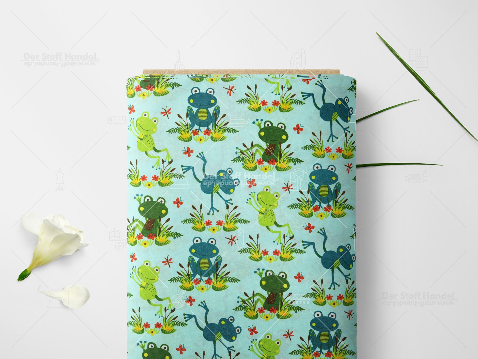 BAUMWOLLE ► Charlie the Frog ◄ Fröhliche Frösche und Blumen MINT