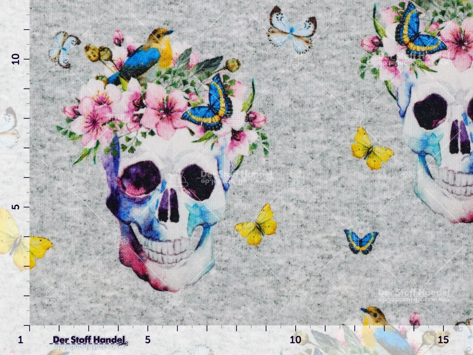 FRENCH TERRY Sommersweat ► Flower Skull ◄ Totenköpfe mit Blumenkranz HELLGRAU meliert
