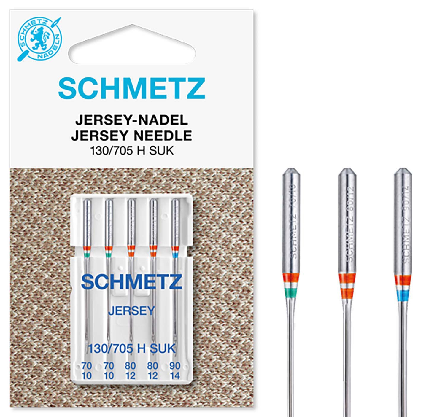 SCHMETZ Nähmaschinennadeln sortiert 5 Jersey-Nadeln 130/705 H SUK 2x 70/10, 2x 80/12 und 1x 90/14