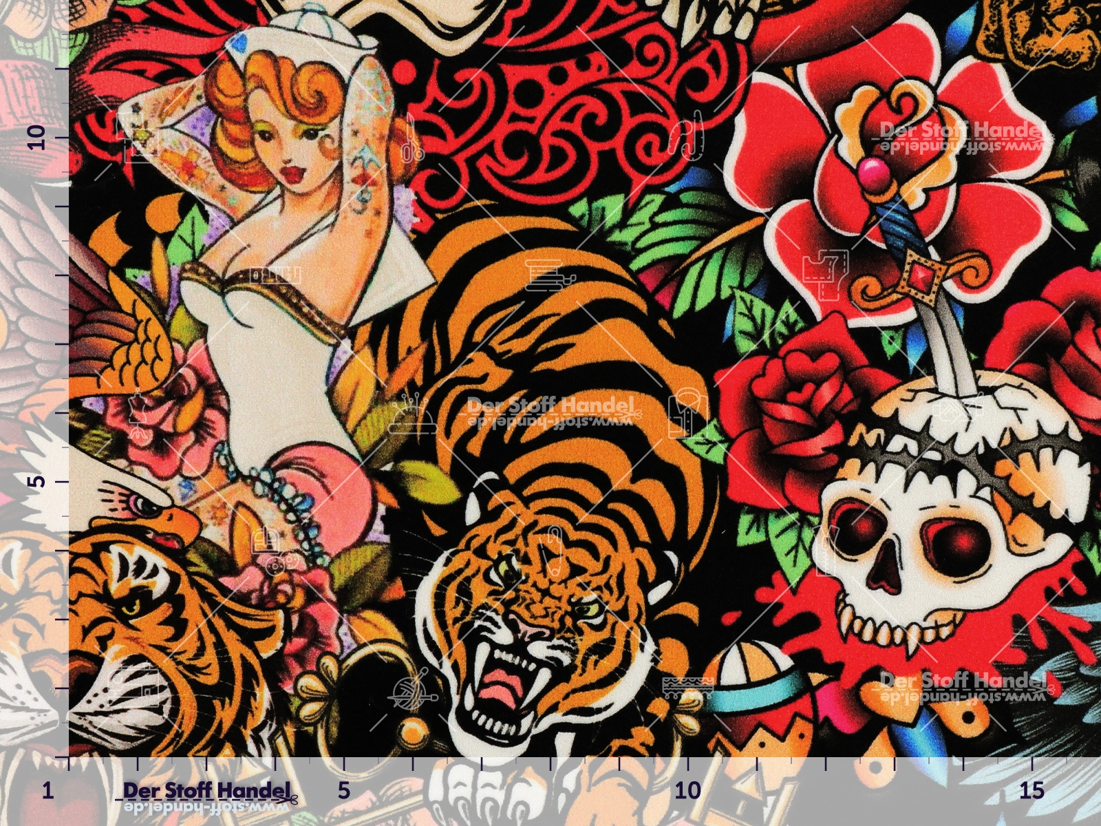 DEKOSTOFF SAMT Velvet Digitaldruck ♠ Carlos ♠ Totenköpfe Tiger Tattoo