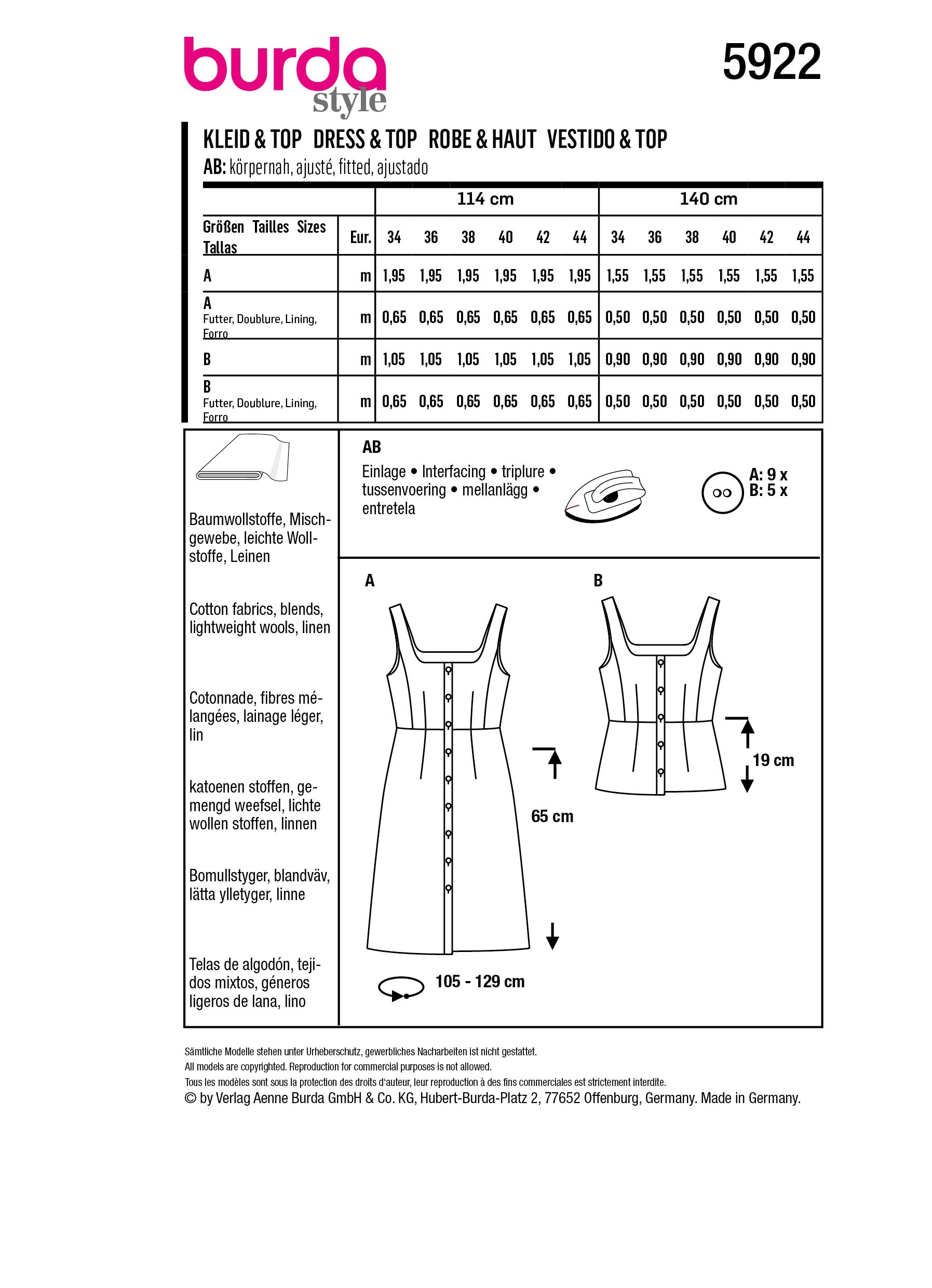 SCHNITTMUSTER BURDA Style Kleid & Top 5922