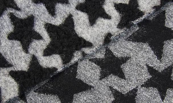 Wolle - Walkloden Sterne Schwarz auf Grau meliert