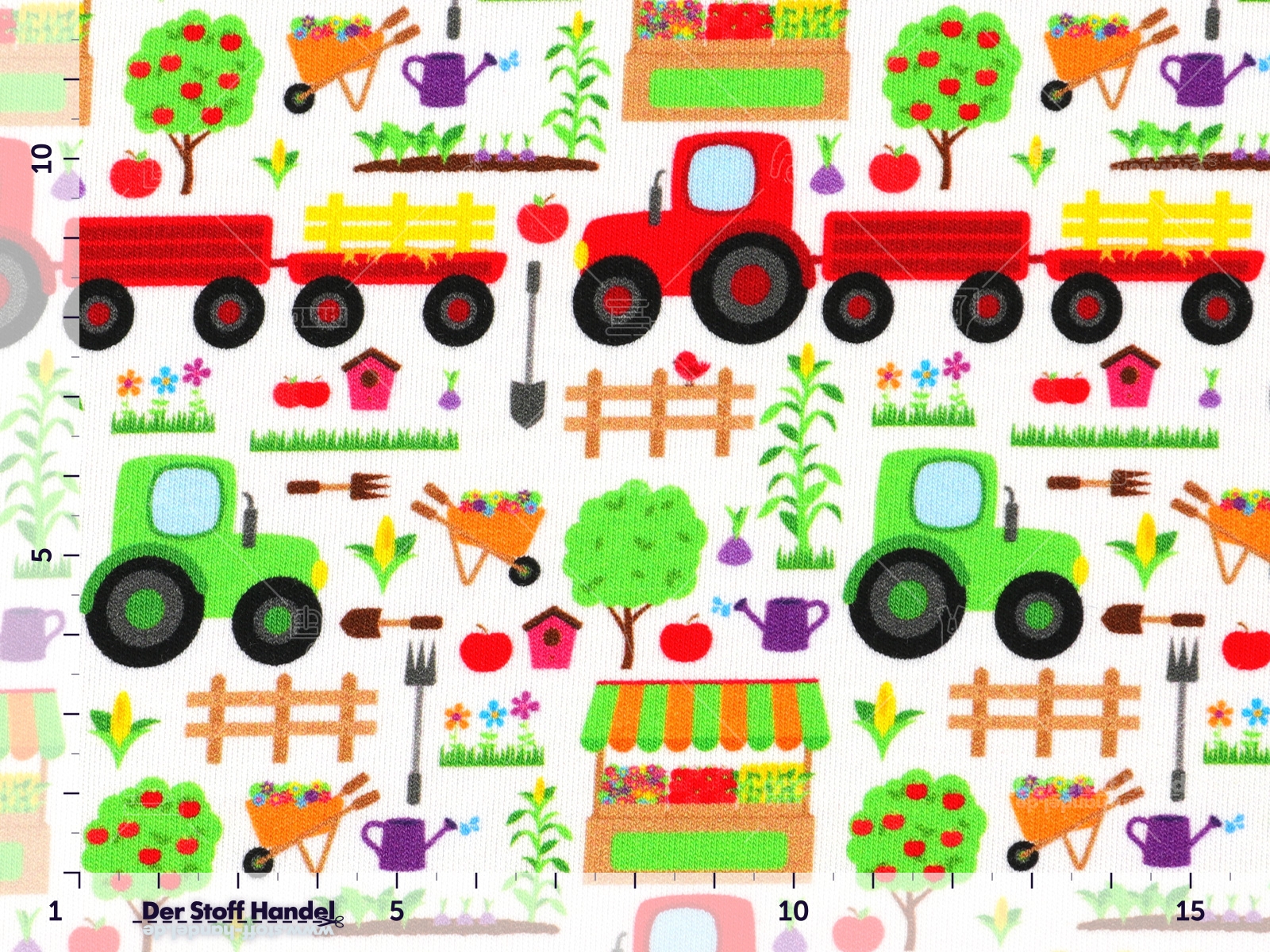 BAUMWOLLJERSEY ☺ Bruno Bauernhof ☺ Traktoren, Bäume und Häuser auf WEISS