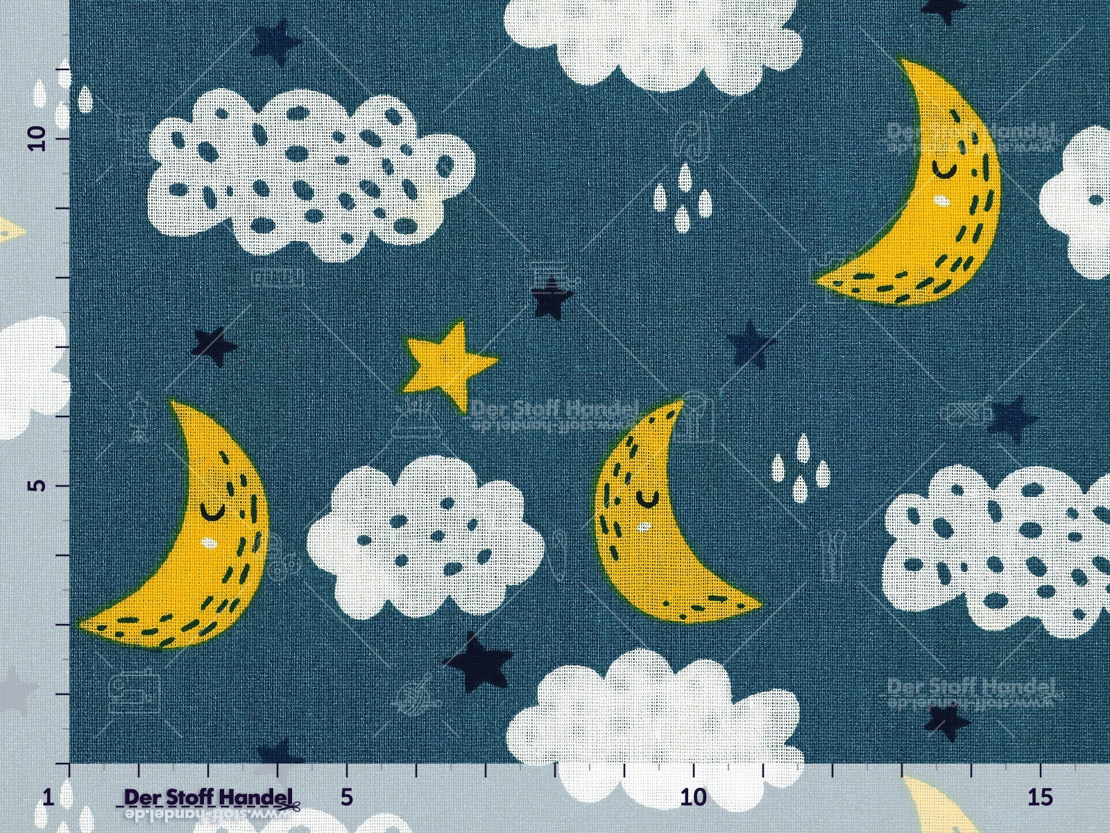 BAUMWOLLDRUCK ► Good Night ◄ Mond Sterne Wolken GELB WEISS auf DENIM