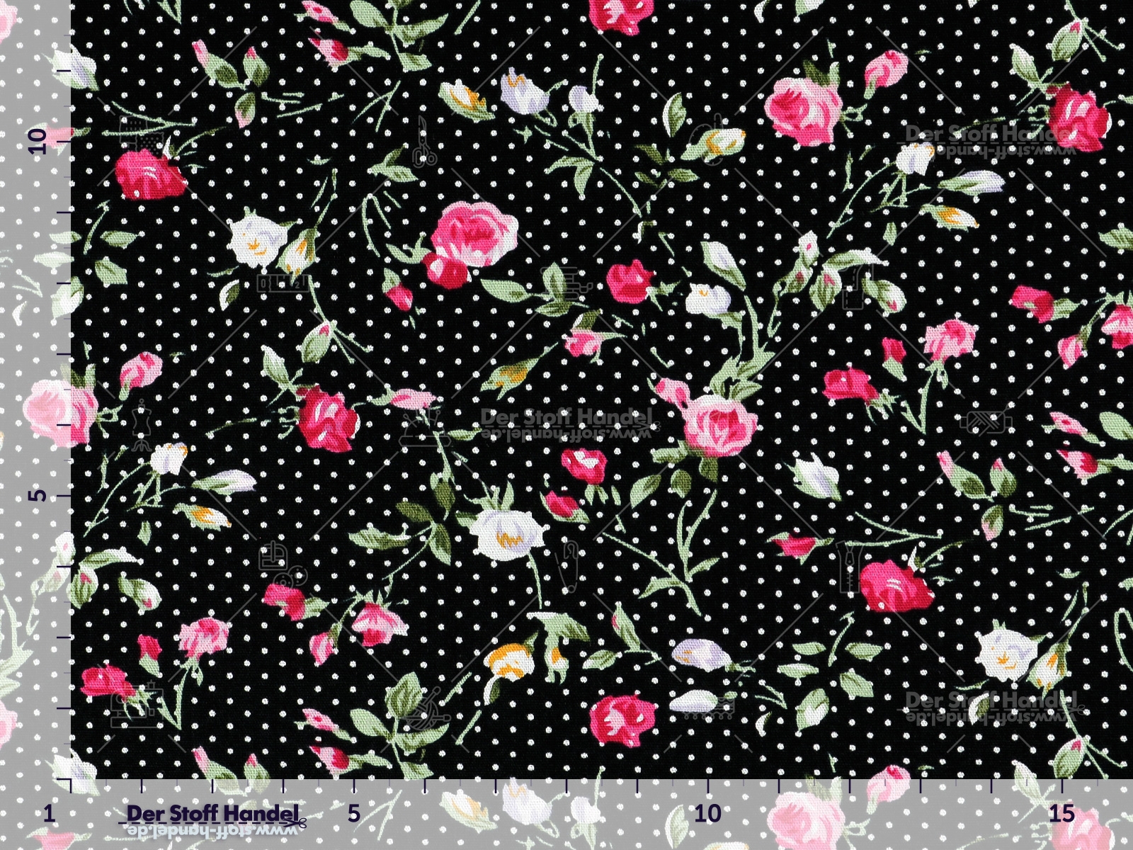 Baumwolle Popeline ► Dots and Roses ◄ kleine Rosen und Punkte auf SCHWARZ