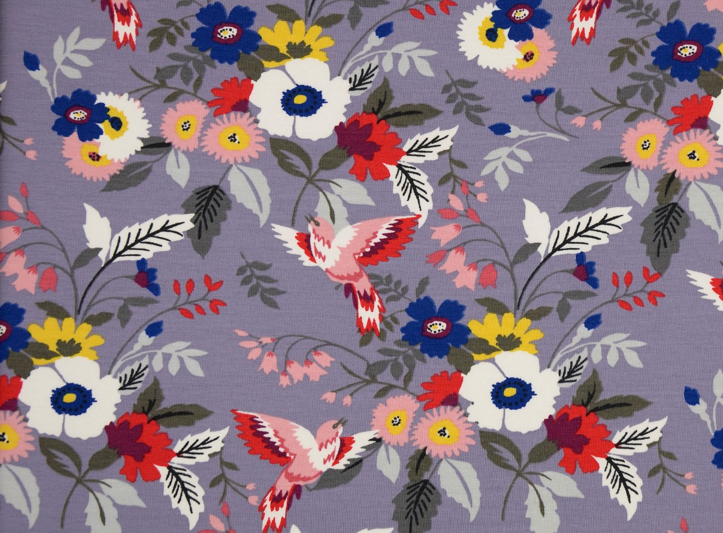 ✂ Little Darling ✂ French Terry - Blüten & Vögel auf LAVENDEL pastell