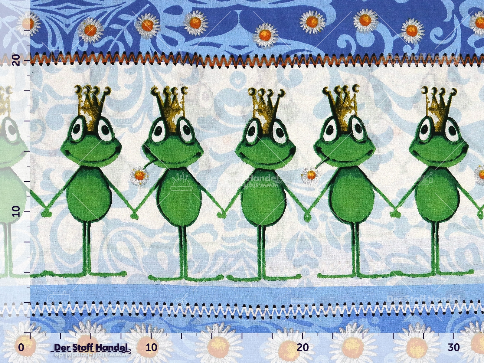 Baumwolle * Froschkönig und Margeriten "Kiss Me" hellblaue Ornamente auf BLAU