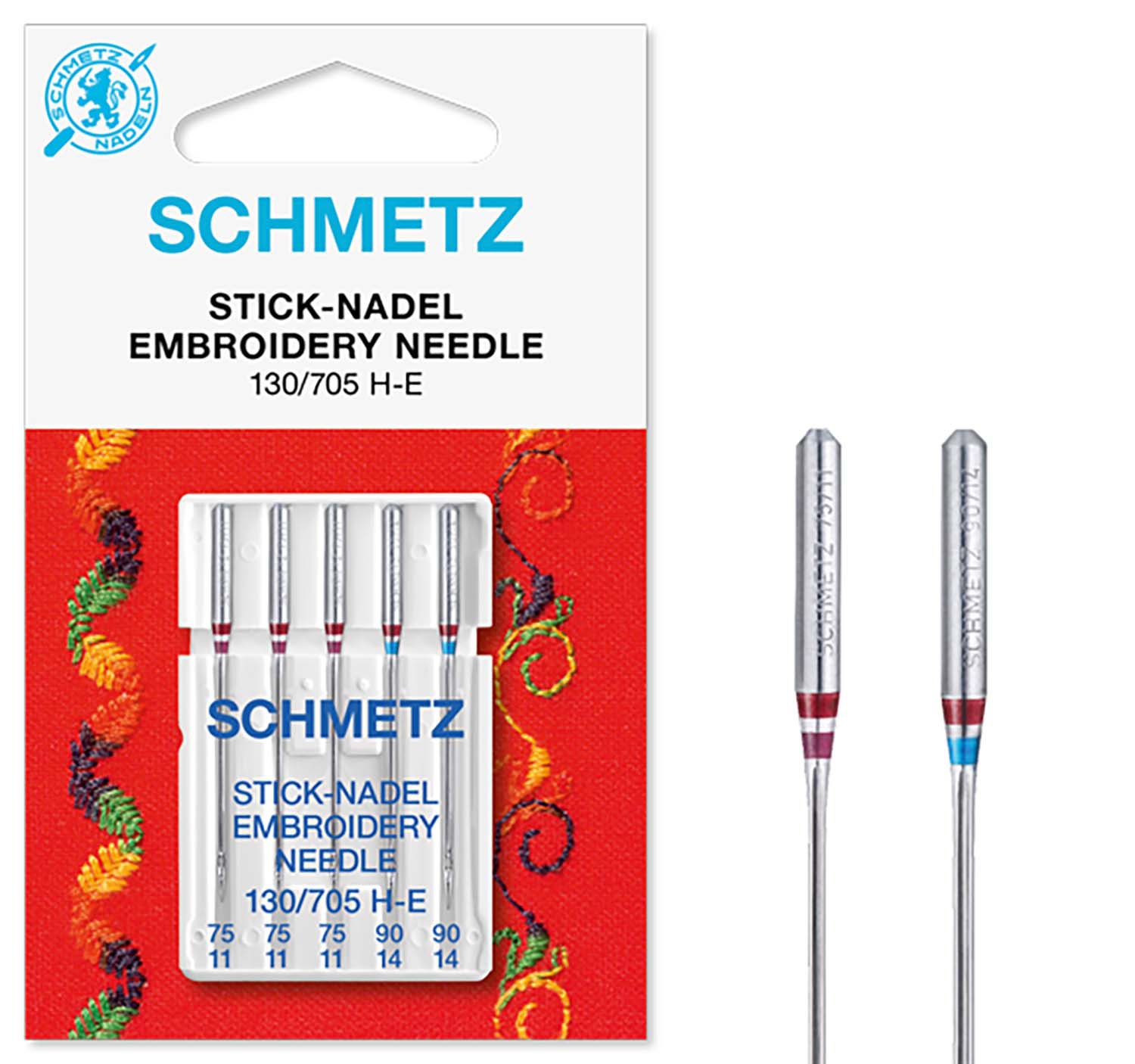 SCHMETZ Nähmaschinennadeln 5 Stick-Nadeln 130/705 H-E 3x 75/11 2x90/14
