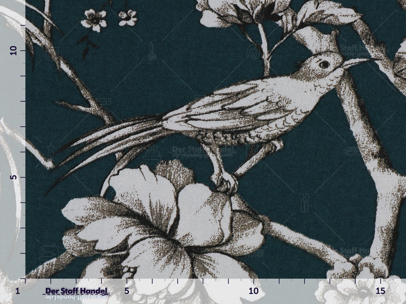BAUMWOLLSATIN ► Luscinia ◄ Vögel und Blüten WEISS ANTHRAZIT PETROL